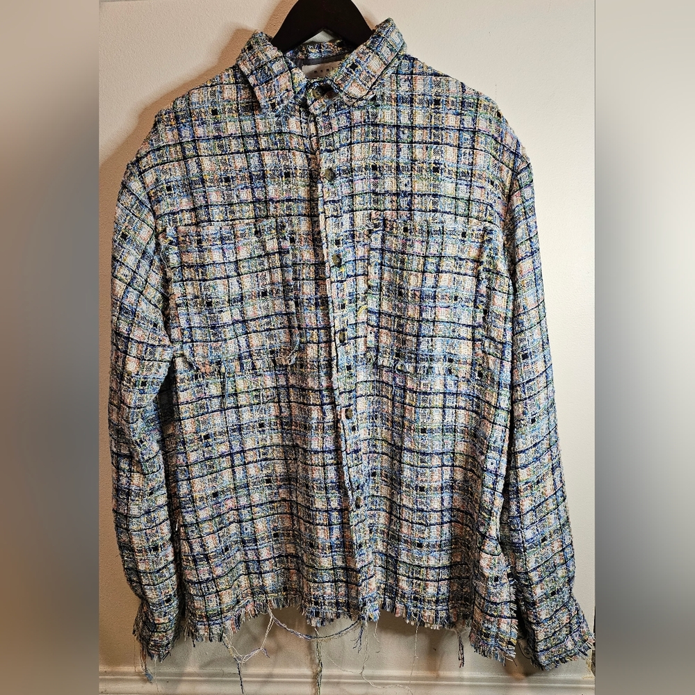 MNML Raw Edge Flannel Button Shirt - Blue/White Size Mens Medium